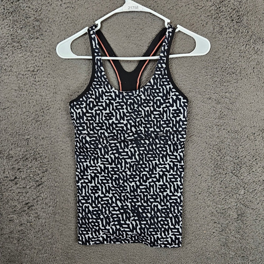 Lululemon Power Y Tank Top Size 6 Black White Maze Geometric Racerback Shelf Bra
